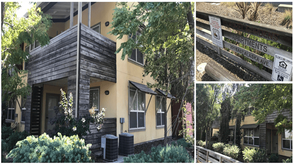 A collage shows a yellow apartment building with wood accents, green landscaping, outdoor AC units, and a sign with apartment information and Fair Housing logos. Trees and plants surround the property.