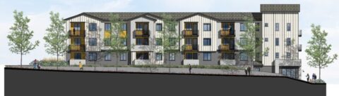 Architectural rendering of a modern three-story apartment building with balconies, large windows, and vertical siding, surrounded by trees and people walking on a sloped sidewalk in front.