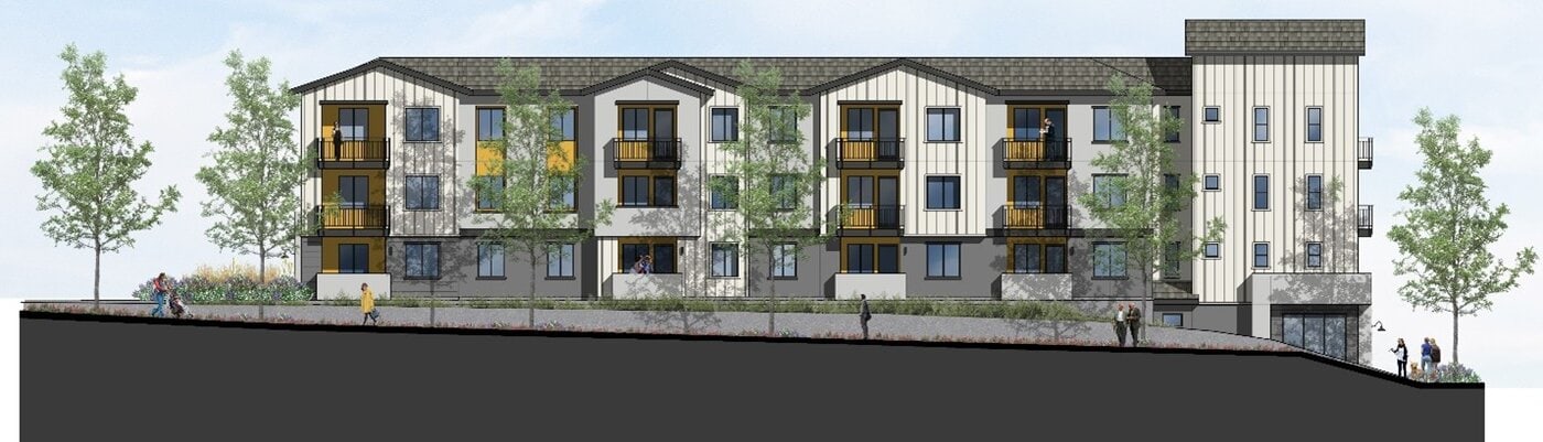 Architectural rendering of a modern three-story apartment building with balconies, large windows, and vertical siding, surrounded by trees and people walking on a sloped sidewalk in front.
