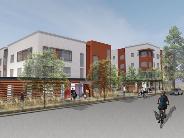 A modern, three-story apartment building with white and red accents. People walk on the sidewalk while a cyclist rides by. Trees and plants line the street under a blue sky.
