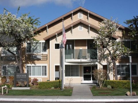 A beige two-story apartment building with balconies and white trim, surrounded by trees with white blossoms. An American flag stands on a pole in front, and a sign reads "BRACHER APARTMENTS.