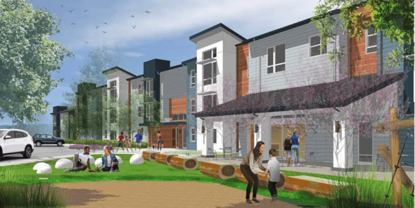 A modern apartment complex with people enjoying outdoor activities on a green lawn; some are sitting and talking, while others play and interact near the building entrance. Trees, cars, and blue sky are in the background.