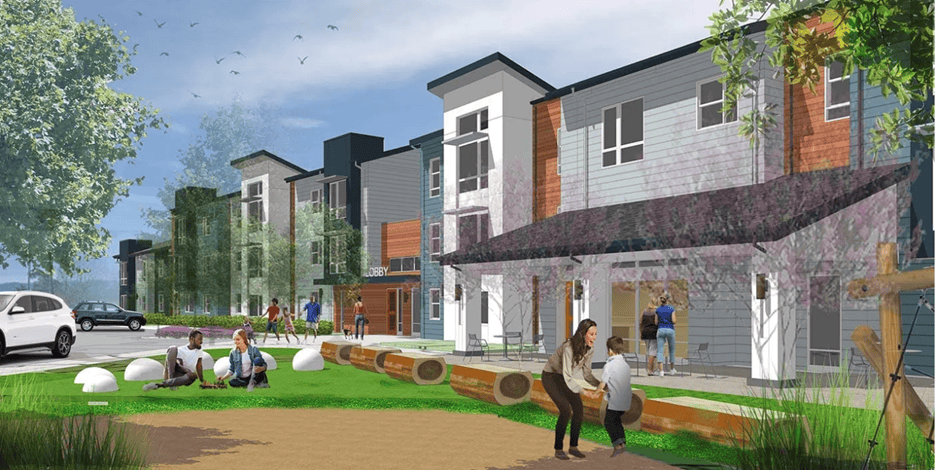 A modern apartment complex with people enjoying outdoor activities on a green lawn; some are sitting and talking, while others play and interact near the building entrance. Trees, cars, and blue sky are in the background.